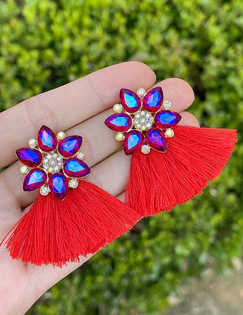 Fashion Purple Alloy Diamond Flower Tassel Stud Earrings