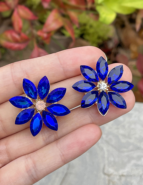 Fashion Navy Blue Alloy Diamond Flower Stud Earrings
