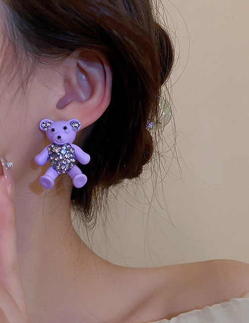 Fashion Purple Alloy Diamond Bear Stud Earrings