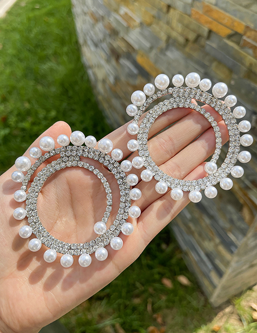 Fashion Silver Alloy Diamond Pearl Circle Stud Earrings