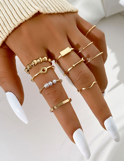 Fashion Gold Color Alloy Geometric Pearl Open Ring Set