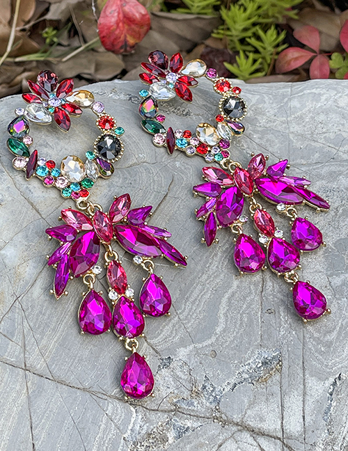 Fashion Rose Red Alloy Diamond Water Drop Flower Pendant Earrings