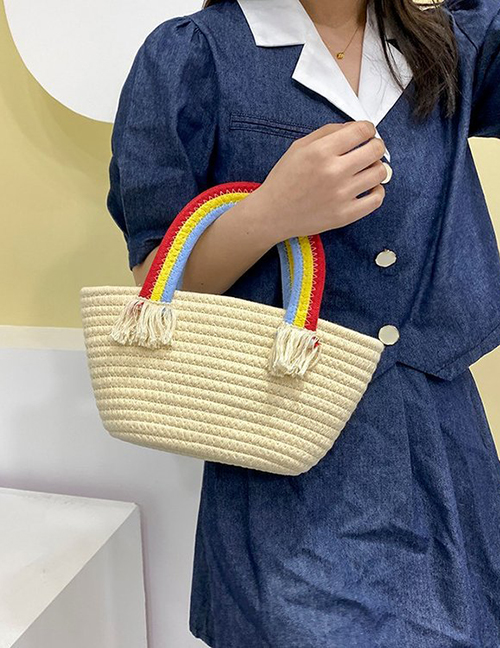Fashion Creamy-white Cotton Woven Rainbow Handbag