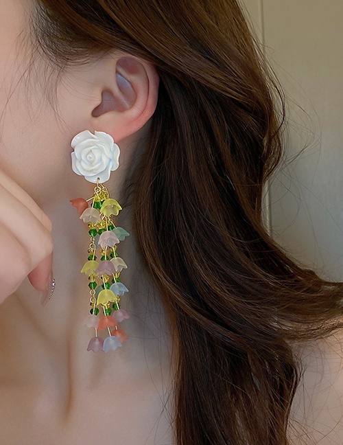 Fashion Silver Needle--color Acrylic Flower Crystal Tassel Earrings