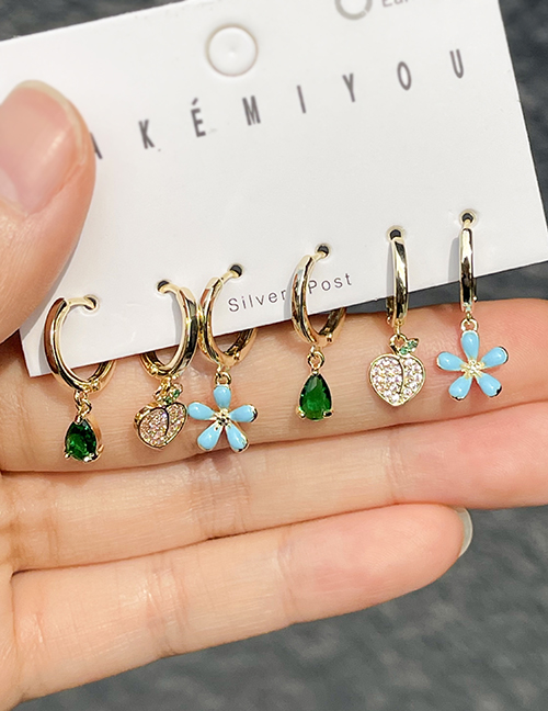 Fashion Color 6-piece Set Of Copper Inlaid Zircon Flower And Fruit Earrings