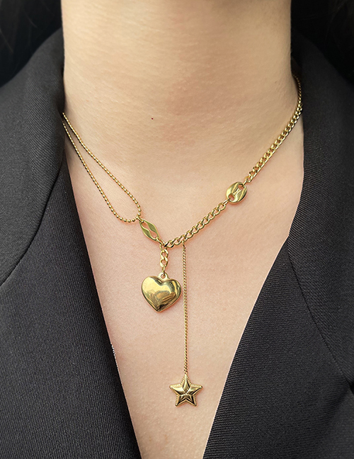 Fashion Gold Titanium Steel Stitching Heart Pentagram Pendant Necklace