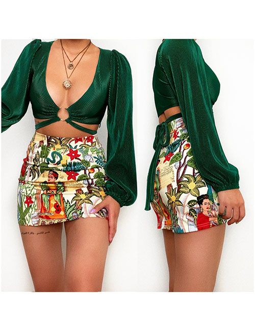 Fashion Green Polyester Balloon Sleeve V-neck Top Print Skirt Set