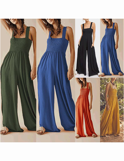 Fashion Blue Solid Color Sling Strap One Piece Wide Leg Trousers