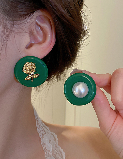 Fashion Green Geometric Rose Pearl Acrylic Round Stud Earrings