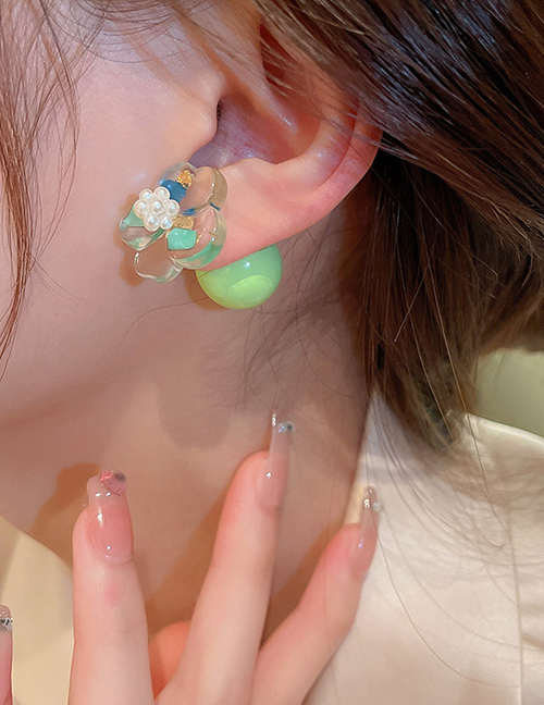 Fashion Green Pearl Transparent Flower Stud Earrings