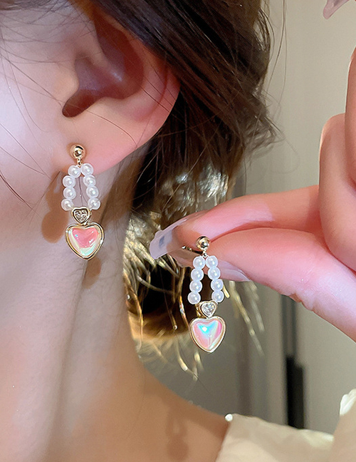 Fashion Gold Pearl Inlaid Zirconium Mermaid Double Heart Earrings