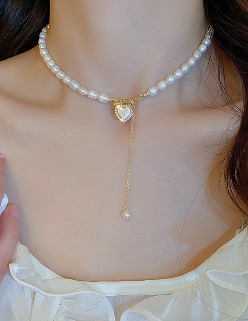 Fashion Necklace - Gold (freshwater Pearl) Geometric Zirconium Heart Pearl Necklace