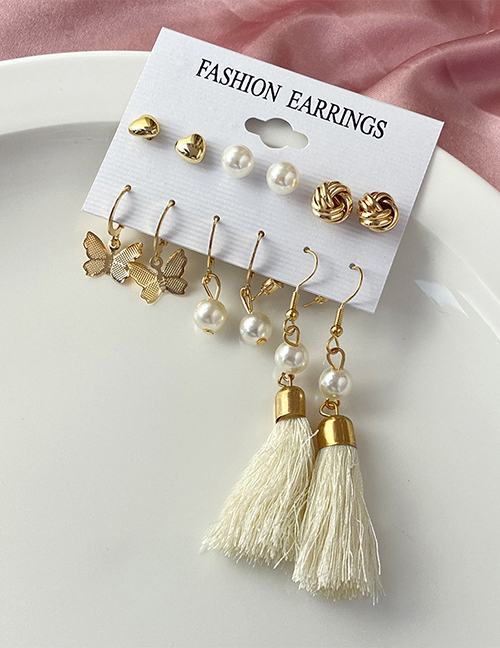 Fashion 4# Geometric Tassel Butterfly Pearl Earrings Set