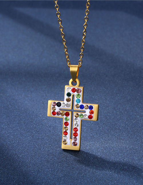 Fashion Gold Color Stainless Steel Cross Necklace With Fancy Diamonds