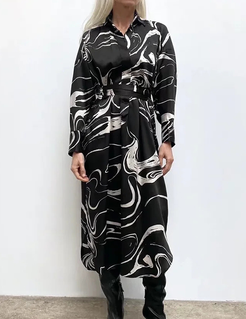 Fashion Black Printed Lace-up Shirt Dress