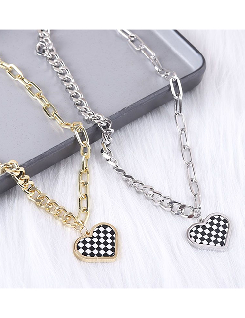 Fashion Gold Titanium Steel Checkerboard Heart Necklace