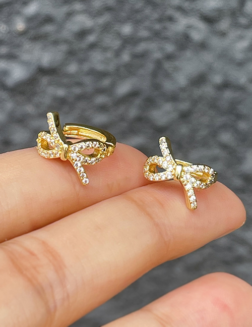Fashion Gold-2 Brass Zirconium Bow Earrings