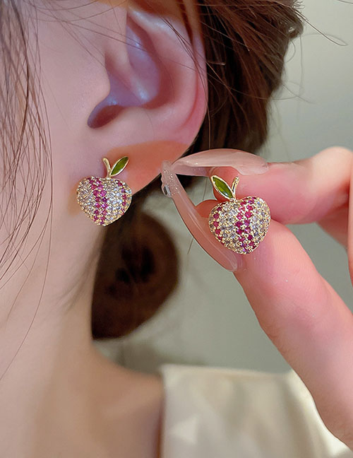 Fashion Pink Copper Inlaid Zirconium Peach Stud Earrings