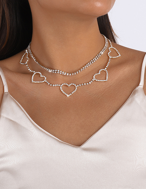 Fashion Gold Color Geometric Diamond Cutout Heart Row Necklace