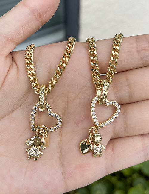 Fashion Gold Bronze Zirconium Heart Boy Pendant Thick Chain Necklace