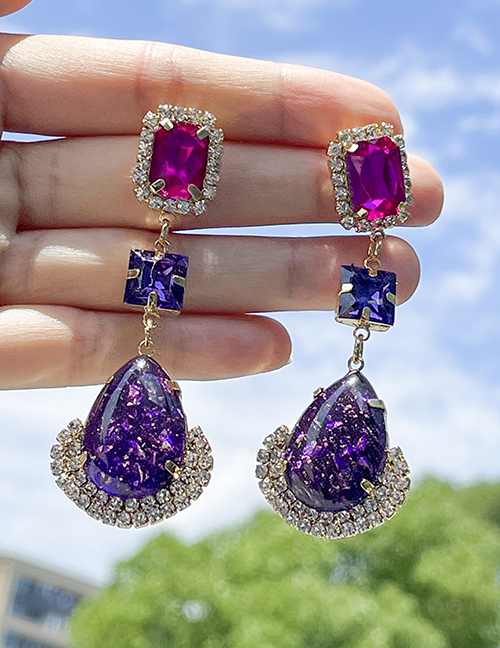 Fashion Dark Purple Alloy Diamond Resin Drop Stud Earrings