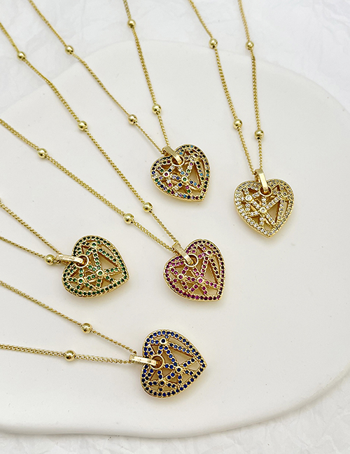 Fashion Color Bronze Zircon Openwork Heart Pendant Bead Necklace