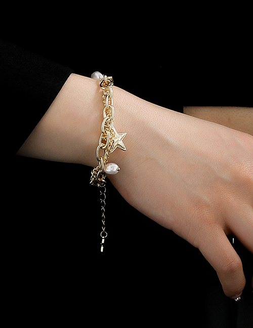 Fashion Gold Alloy Pentagram Pearl Chain Bracelet