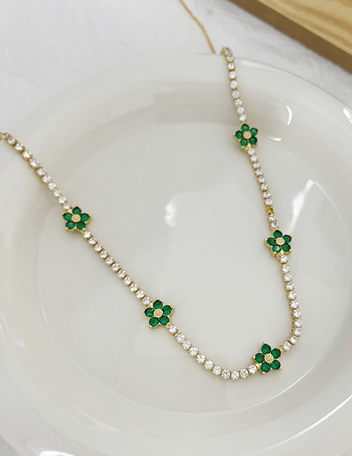 Fashion Green Bronze Zirconium Flower Chain Necklace