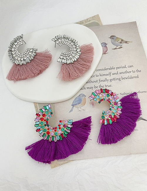 Fashion Purple Alloy Diamond C-shaped Tassel Stud Earrings