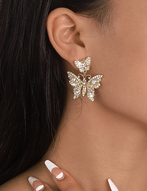 Fashion Gold Alloy Diamond Butterfly Stud Earrings