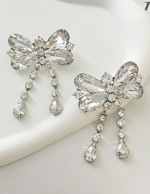 Fashion White Alloy Diamond Bow Stud Earrings
