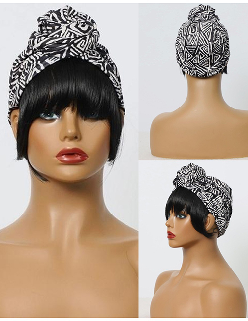 Fashion Black Printed Silk Scarf Flower Bud Wig Headgear