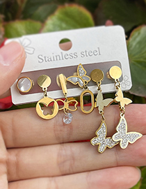Fashion Gold Titanium Steel Inlaid Zirconium Butterfly Pearl Earring Set