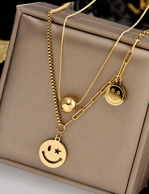 Fashion Gold Color Titanium Steel Smiley Double Layer Ball Necklace