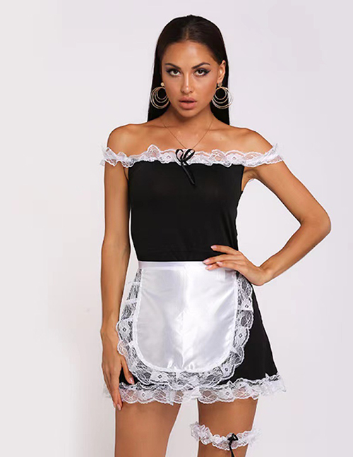 Fashion Black Polyester Colorblock Lace Trim One Shoulder Uniform Set