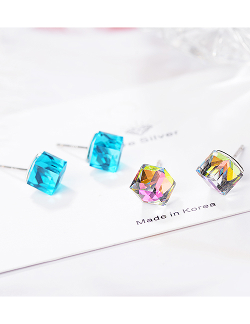 Fashion Lake Blue Geometric Square Crystal Sugar Cube Stud Earrings