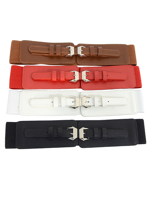 Fashion White Faux Leather Double Buckle Wide Belt