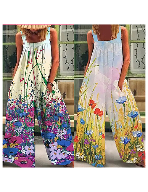 Fashion Flower Pattern Two Printed Sling Sleeveless Jumpsuit