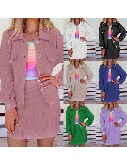 Fashion Pink Solid Breasted Lapel Jacket And Skirt Set