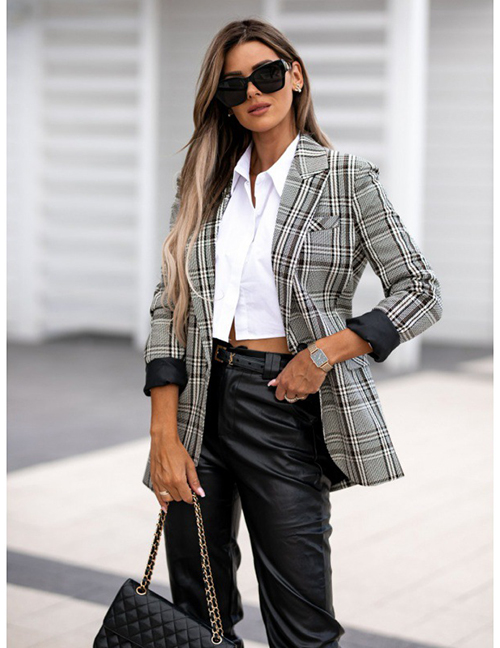 Fashion Gray Grid Nylon Plaid Single Buckle Pocket Decoration Suit Jacket