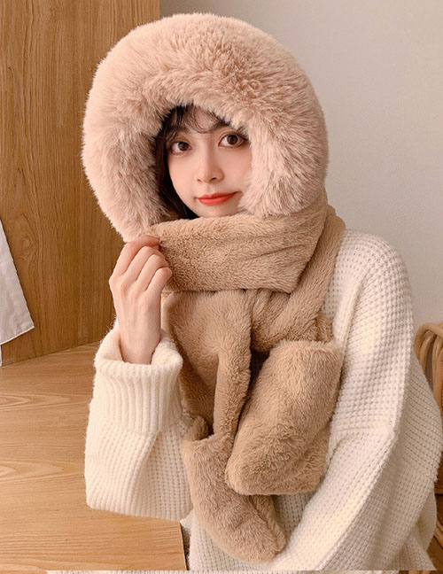 Fashion Beige Imitation Rabbit Fur Knitted Hooded Scarf Gloves Three-piece Set