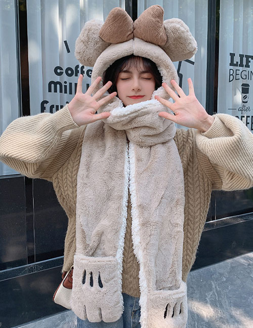 Fashion Light Coffee Rabbit Wool Knitted Butterfly Pullover Hat Scarf Gloves Three-piece Set