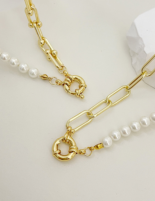 Fashion Gold Copper Pearl Stitched Chain Round Buckle Pendant Necklace  Copper