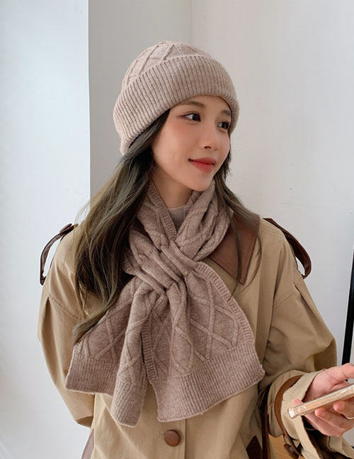 Fashion 6 Camel Solid Color Knit Jacket Scarf Pullover Hat Set  Polyester