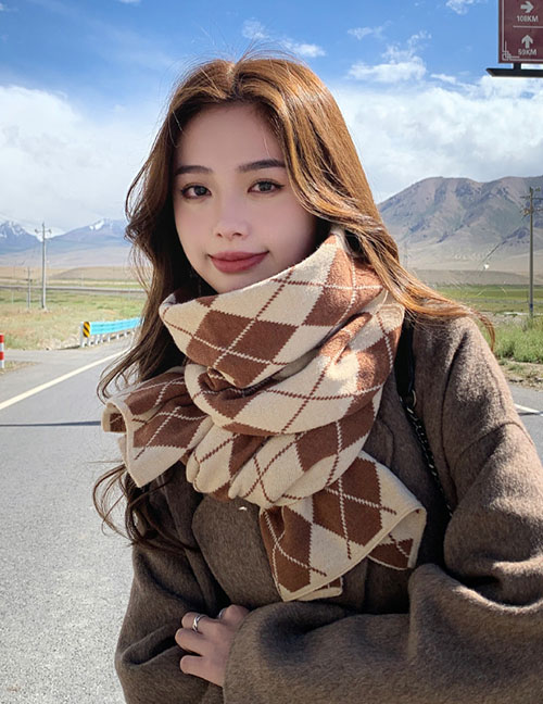 Fashion 2 Meters Coffee Diamond Knitted Scarf  Polyester