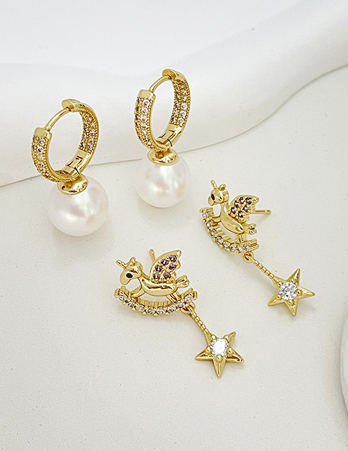 Fashion Golden 1 Bronze Zircon Pearl Pendant Round Hoop Earrings