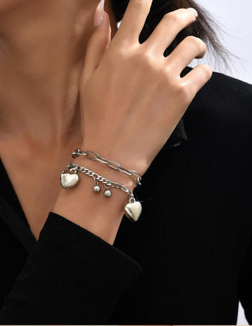Fashion Silver Titanium Steel Heart Bead Tassel Chain Bracelet