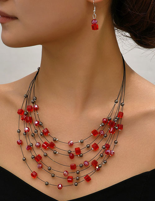 Fashion Red Alloy Block Crystal Mix And Match Multi -layer Necklace Ear Pendant Set