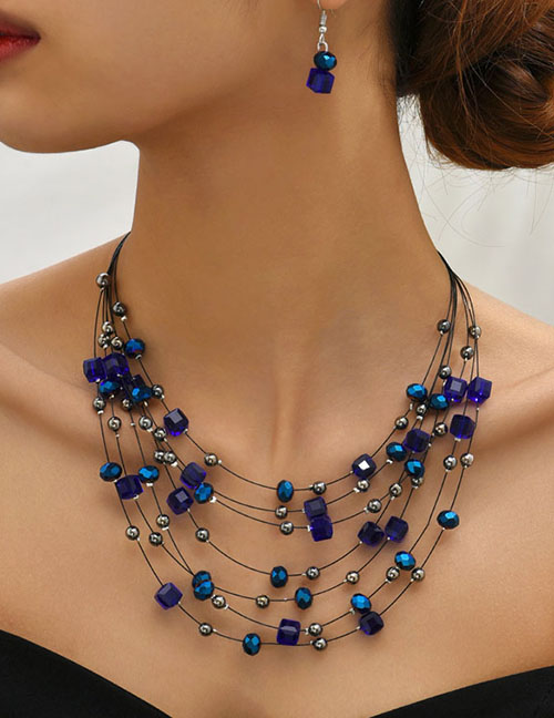 Fashion Blue Alloy Block Crystal Mix And Match Multi -layer Necklace Ear Pendant Set