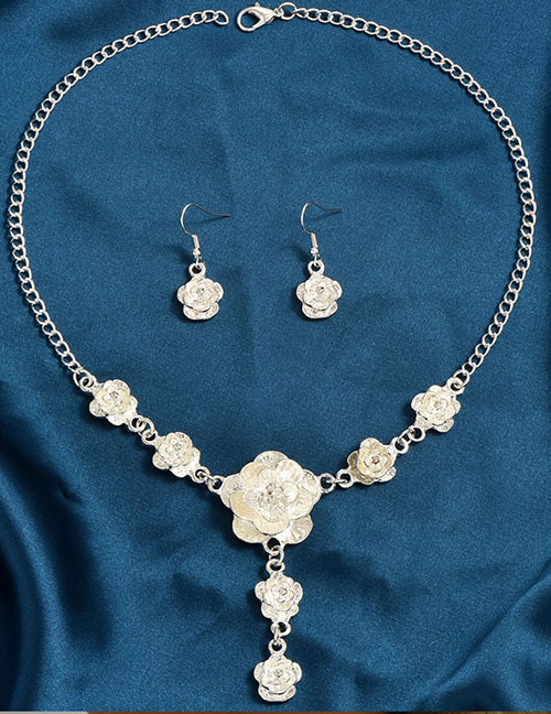Fashion Silver Alloy Geometric Flower Y -shaped Necklace Ear Pendant Set
